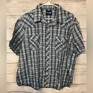 Wrangler Men’s Western Plaid Snap Button Shirt Blue Gray Short Sleeve XXL